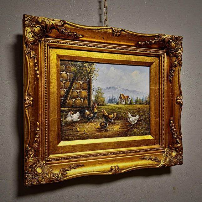 Vintage Chicken Farm Oil Painting, Signed German Artwork, Framed Rustic Animal Scene, Farmhouse Wall Decor, Cottagecore Country Style Art