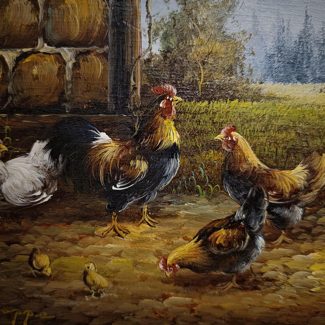 Vintage Chicken Farm Oil Painting, Signed German Artwork, Framed Rustic Animal Scene, Farmhouse Wall Decor, Cottagecore Country Style Art
