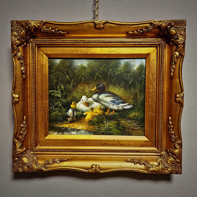 Vintage Duck Family Oil Painting, Signed German Artwork, Gold Framed Animal Scene, Rustic Wildlife Decor, European Cottagecore Wall Art