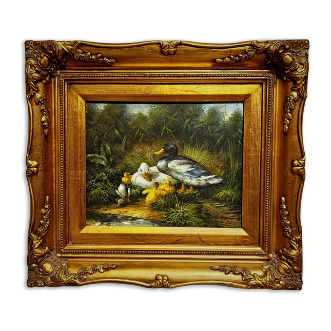 Vintage Duck Family Oil Painting, Signed German Artwork, Gold Framed Animal Scene, Rustic Wildlife Decor, European Cottagecore Wall Art