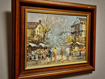 Antique Paris Street Scene Oil Painting, Antique French Artwork, Signed Impressionist Canvas, Parisian Market Scene, Caroline Burnett Style
