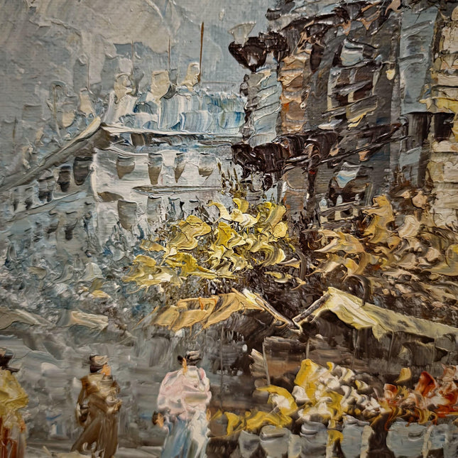 Antique Paris Street Scene Oil Painting, Antique French Artwork, Signed Impressionist Canvas, Parisian Market Scene, Caroline Burnett Style