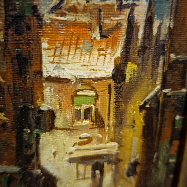 Vintage Street Scene Oil Painting, Signed Mid-Century Original Artwork, Framed European Cityscape Art, Atmospheric Townscape Wall Decor
