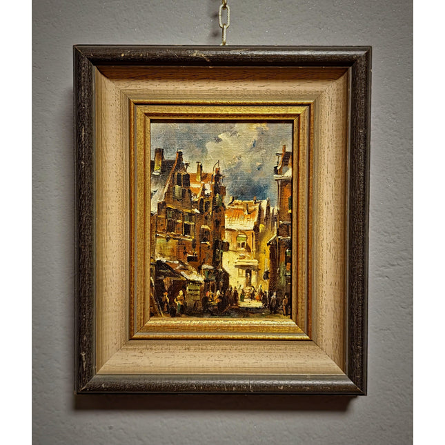 Vintage Street Scene Oil Painting, Signed Mid-Century Original Artwork, Framed European Cityscape Art, Atmospheric Townscape Wall Decor