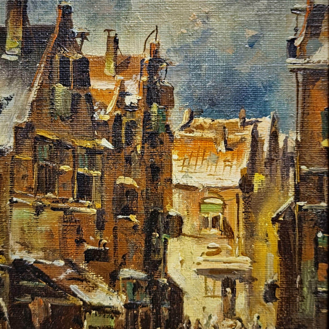 Vintage Street Scene Oil Painting, Signed Mid-Century Original Artwork, Framed European Cityscape Art, Atmospheric Townscape Wall Decor