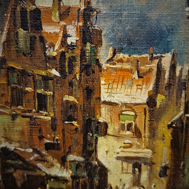 Vintage Street Scene Oil Painting, Signed Mid-Century Original Artwork, Framed European Cityscape Art, Atmospheric Townscape Wall Decor