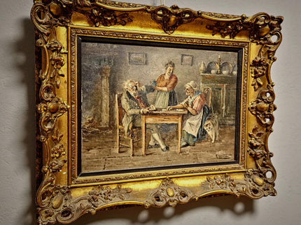 Antique Oil Painting, Interior Genre Scene, Card Players, Signed Artwork, Framed Gold Baroque Rococo Frame, Collectible European Fine Art