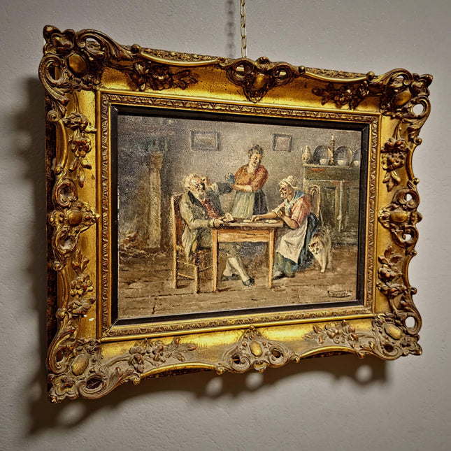 Antique Oil Painting, Interior Genre Scene, Card Players, Signed Artwork, Framed Gold Baroque Rococo Frame, Collectible European Fine Art