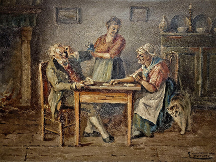 Antique Oil Painting, Interior Genre Scene, Card Players, Signed Artwork, Framed Gold Baroque Rococo Frame, Collectible European Fine Art