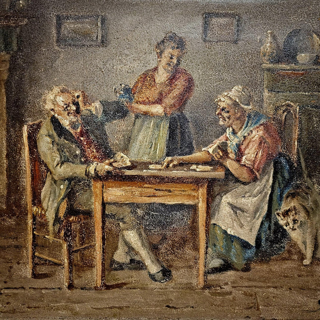 Antique Oil Painting, Interior Genre Scene, Card Players, Signed Artwork, Framed Gold Baroque Rococo Frame, Collectible European Fine Art