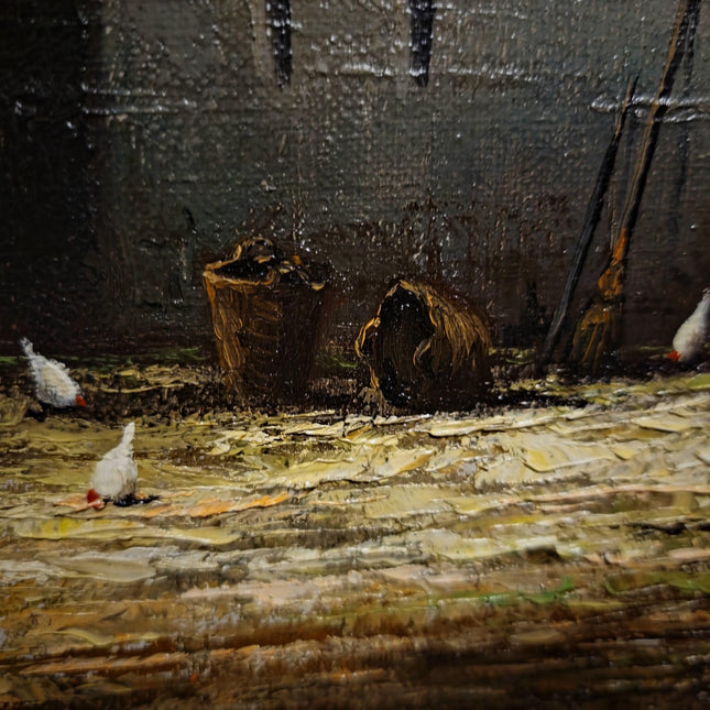 Vintage Oil Painting, Belgian Rural Scene, Dark Moody Farm Interior, Signed Artwork, Horses Chickens Farmyard, Collectible European Fine Art