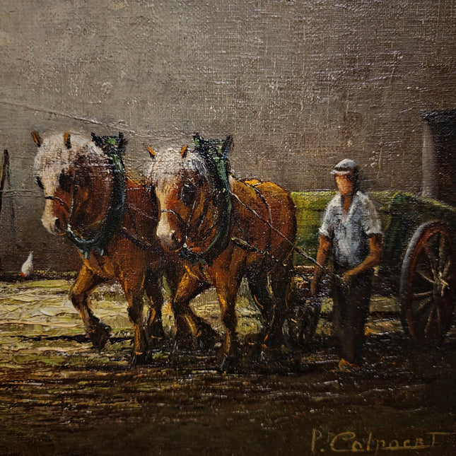 Vintage Oil Painting, Belgian Rural Scene, Dark Moody Farm Interior, Signed Artwork, Horses Chickens Farmyard, Collectible European Fine Art