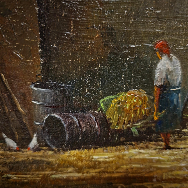 Vintage Oil Painting, Belgian Rural Scene, Dark Moody Farm Interior, Signed Artwork, Horses Chickens Farmyard, Collectible European Fine Art