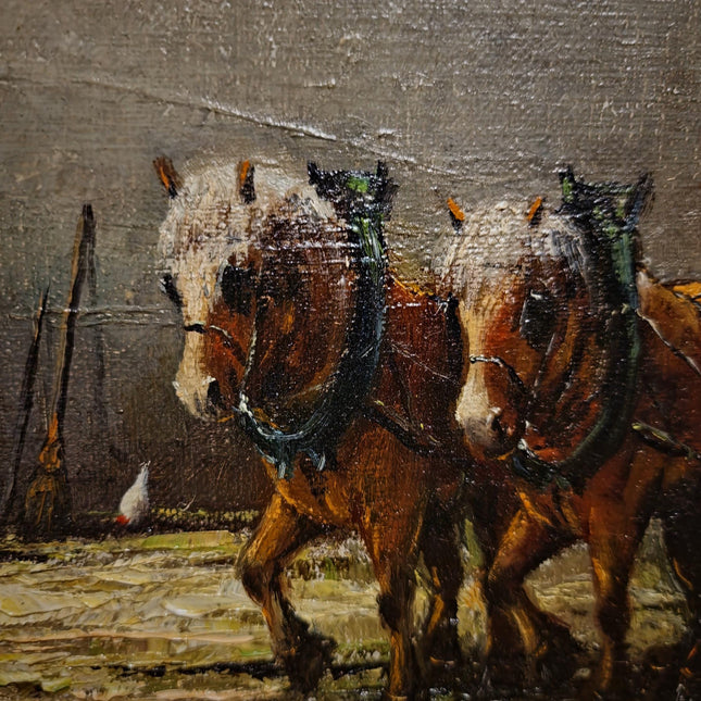 Vintage Oil Painting, Belgian Rural Scene, Dark Moody Farm Interior, Signed Artwork, Horses Chickens Farmyard, Collectible European Fine Art