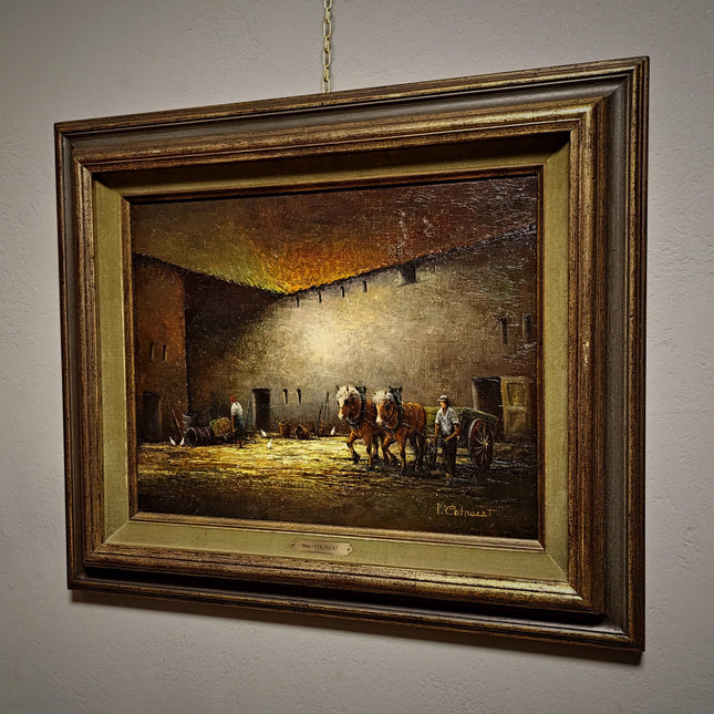 Vintage Oil Painting, Belgian Rural Scene, Dark Moody Farm Interior, Signed Artwork, Horses Chickens Farmyard, Collectible European Fine Art