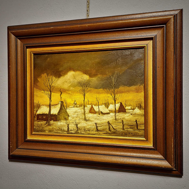 Vintage Belgian Oil Painting, Mid-Century Winter Landscape, Signed Flemish Artwork, Rustic Farmhouse Decor, Collectible European Fine Art