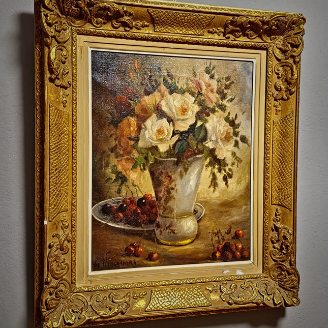 Vintage Belgian Oil Painting, Signed Floral Still Life, Large Gold Baroque Frame, Collectible European Fine Art, Dark Academia Decor