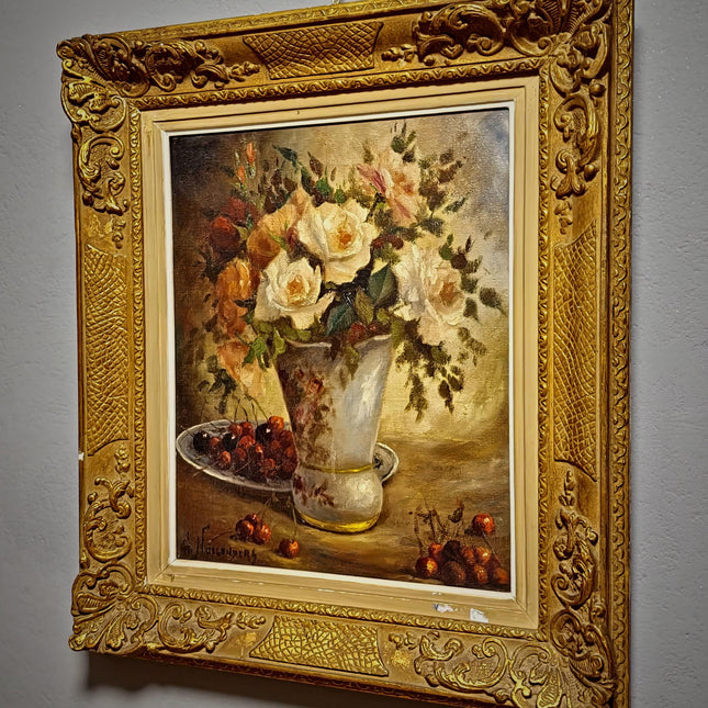Vintage Belgian Oil Painting, Signed Floral Still Life, Large Gold Baroque Frame, Collectible European Fine Art, Dark Academia Decor