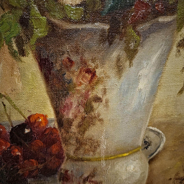 Vintage Belgian Oil Painting, Signed Floral Still Life, Large Gold Baroque Frame, Collectible European Fine Art, Dark Academia Decor