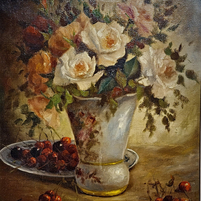 Vintage Belgian Oil Painting, Signed Floral Still Life, Large Gold Baroque Frame, Collectible European Fine Art, Dark Academia Decor