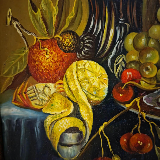Large Signed Vintage Oil Painting, Neo-Baroque Flemish Still Life, Lobster Oysters Fruit, Framed European Fine Art, Dark Academia Decor