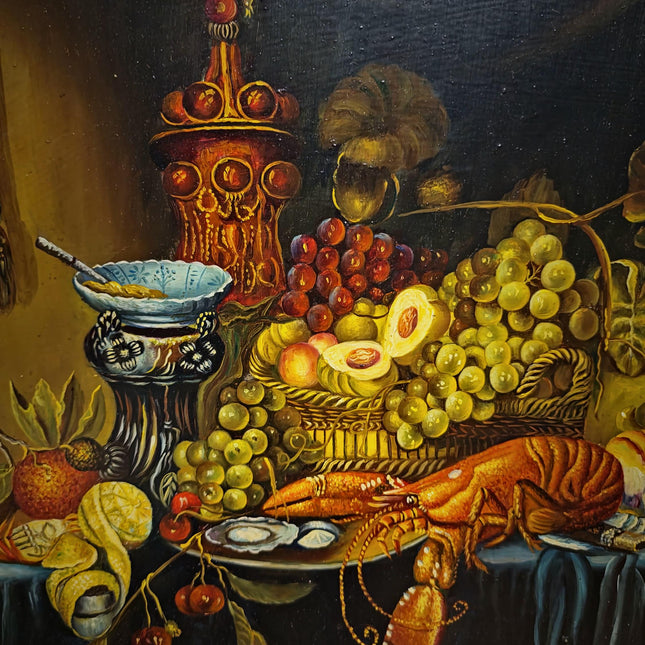 Large Signed Vintage Oil Painting, Neo-Baroque Flemish Still Life, Lobster Oysters Fruit, Framed European Fine Art, Dark Academia Decor