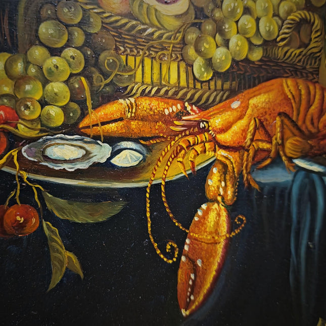 Large Signed Vintage Oil Painting, Neo-Baroque Flemish Still Life, Lobster Oysters Fruit, Framed European Fine Art, Dark Academia Decor