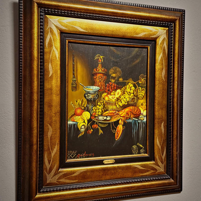 Large Signed Vintage Oil Painting, Neo-Baroque Flemish Still Life, Lobster Oysters Fruit, Framed European Fine Art, Dark Academia Decor