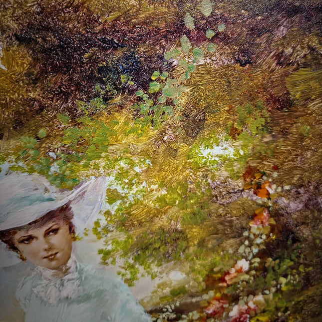 Vintage Italian Oil Painting Figurative Portrait, Elegant Woman with Dog, Signed Original Fine Art on Canvas, Framed European Wall Decor