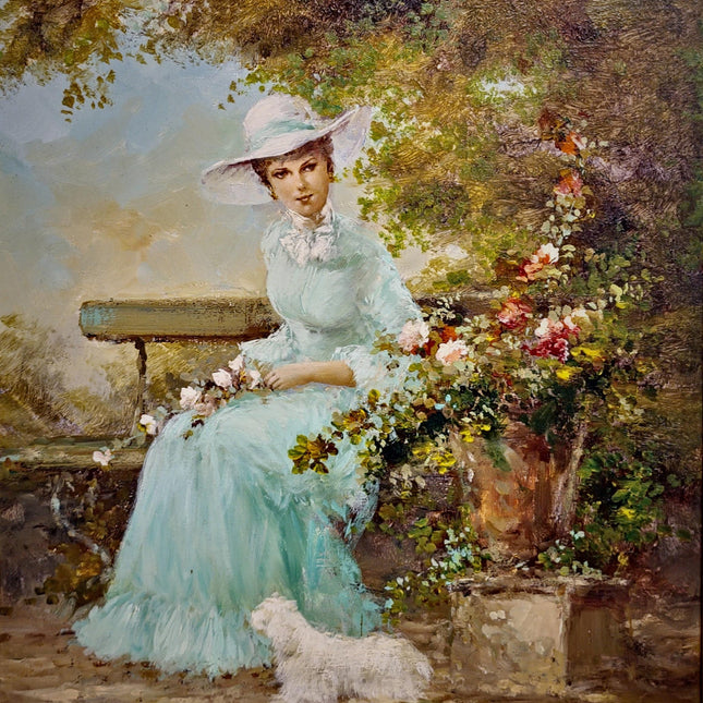 Vintage Italian Oil Painting Figurative Portrait, Elegant Woman with Dog, Signed Original Fine Art on Canvas, Framed European Wall Decor