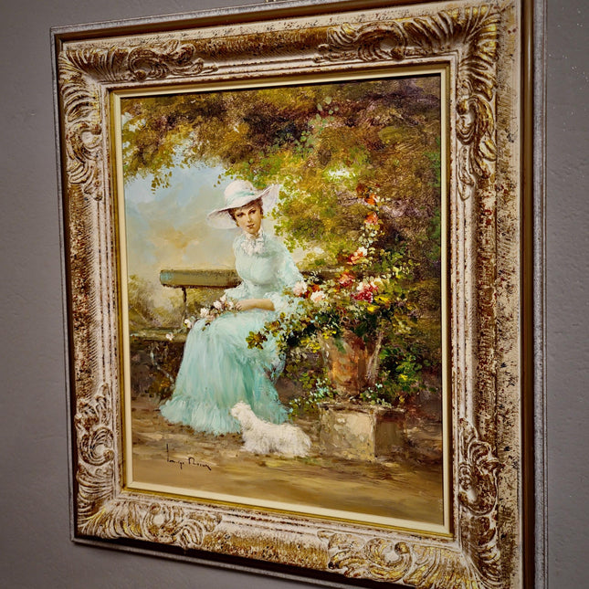 Vintage Italian Oil Painting Figurative Portrait, Elegant Woman with Dog, Signed Original Fine Art on Canvas, Framed European Wall Decor