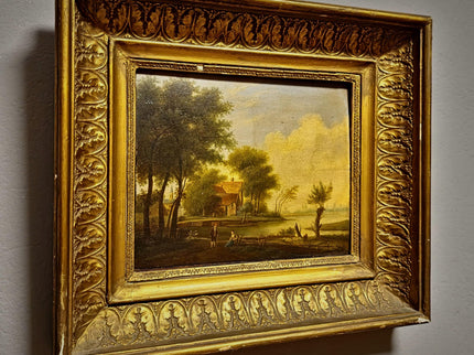Antique French Landscape Oil Painting, 19th Century Pastoral River Scene, European Rural Nature Artwork, Gold Framed Rustic Farmhouse Decor