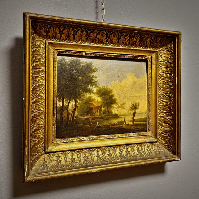 Antique French Landscape Oil Painting, 19th Century Pastoral River Scene, European Rural Nature Artwork, Gold Framed Rustic Farmhouse Decor