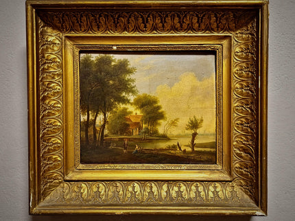 Antique French Landscape Oil Painting, 19th Century Pastoral River Scene, European Rural Nature Artwork, Gold Framed Rustic Farmhouse Decor