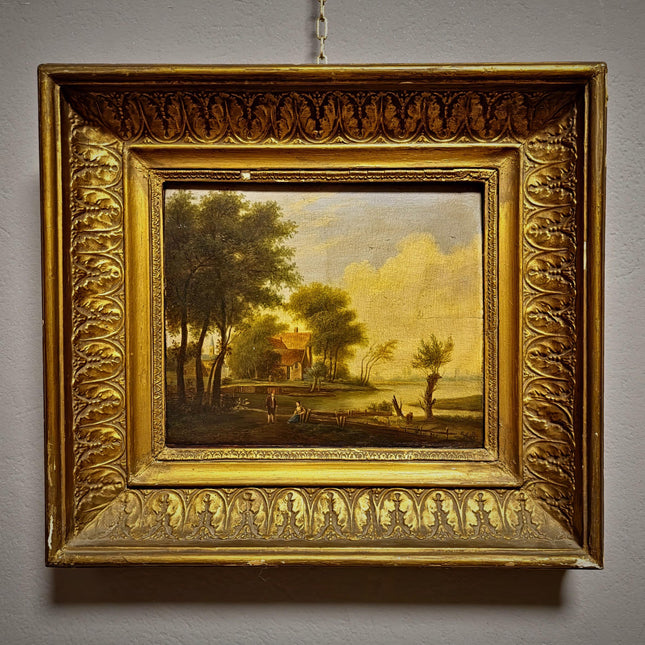 Antique French Landscape Oil Painting, 19th Century Pastoral River Scene, European Rural Nature Artwork, Gold Framed Rustic Farmhouse Decor