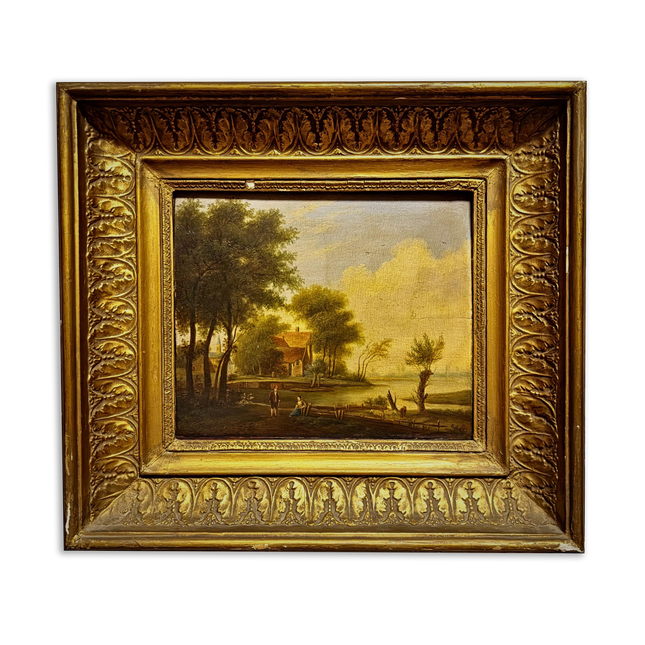 Antique French Landscape Oil Painting, 19th Century Pastoral River Scene, European Rural Nature Artwork, Gold Framed Rustic Farmhouse Decor