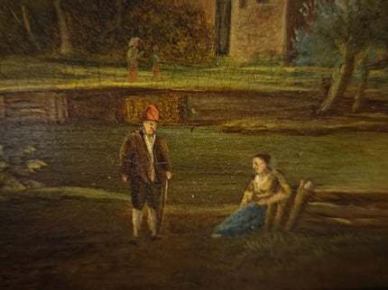 Antique French Landscape Oil Painting, 19th Century Pastoral River Scene, European Rural Nature Artwork, Gold Framed Rustic Farmhouse Decor