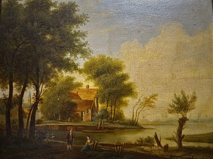 Antique French Landscape Oil Painting, 19th Century Pastoral River Scene, European Rural Nature Artwork, Gold Framed Rustic Farmhouse Decor