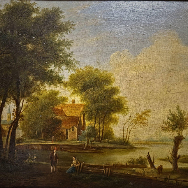 Antique French Landscape Oil Painting, 19th Century Pastoral River Scene, European Rural Nature Artwork, Gold Framed Rustic Farmhouse Decor