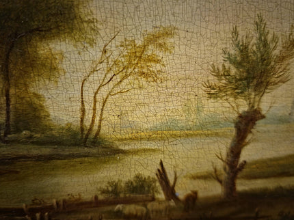 Antique French Landscape Oil Painting, 19th Century Pastoral River Scene, European Rural Nature Artwork, Gold Framed Rustic Farmhouse Decor