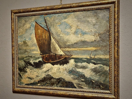 Antique French Seascape Oil Painting, Signed Marine Artwork, Fishing Boat in Storm, Framed Nautical Wall Decor, Original European Fine Art