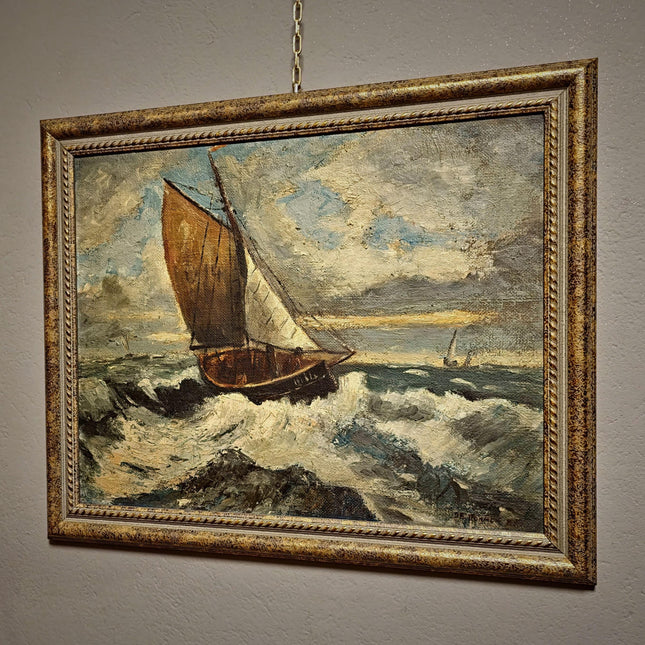 Antique French Seascape Oil Painting, Signed Marine Artwork, Fishing Boat in Storm, Framed Nautical Wall Decor, Original European Fine Art