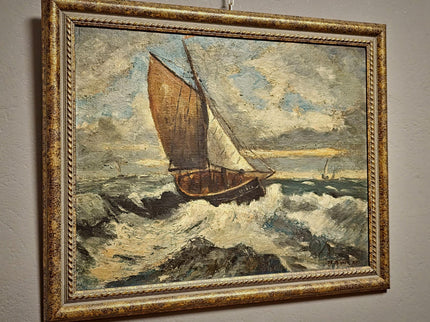 Antique French Seascape Oil Painting, Signed Marine Artwork, Fishing Boat in Storm, Framed Nautical Wall Decor, Original European Fine Art