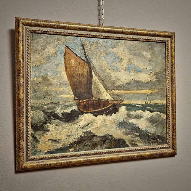 Antique French Seascape Oil Painting, Signed Marine Artwork, Fishing Boat in Storm, Framed Nautical Wall Decor, Original European Fine Art