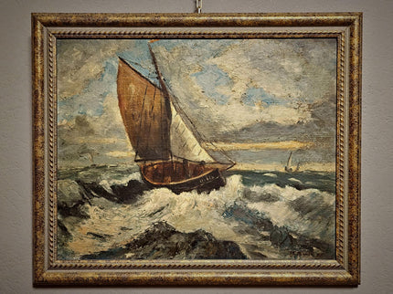 Antique French Seascape Oil Painting, Signed Marine Artwork, Fishing Boat in Storm, Framed Nautical Wall Decor, Original European Fine Art