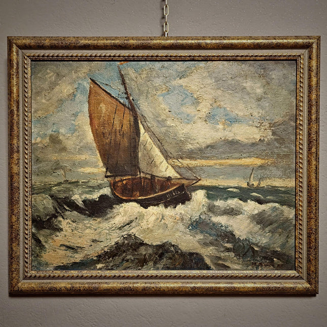 Antique French Seascape Oil Painting, Signed Marine Artwork, Fishing Boat in Storm, Framed Nautical Wall Decor, Original European Fine Art