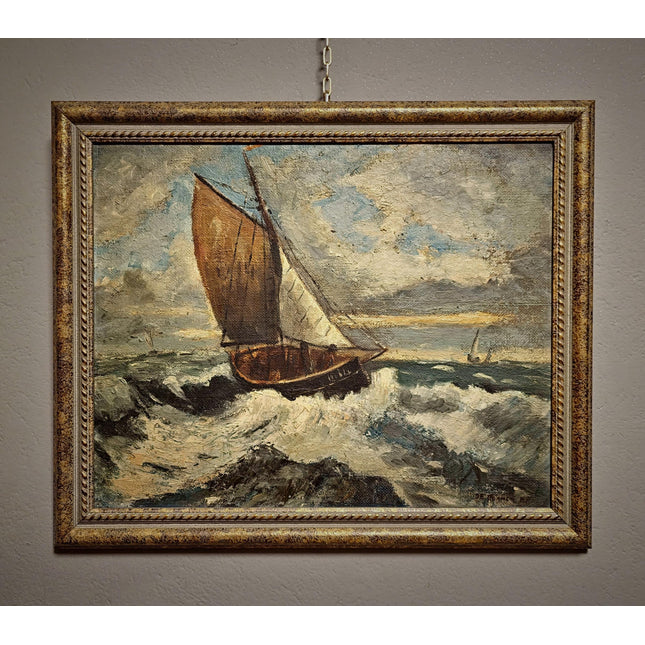 Antique French Seascape Oil Painting, Signed Marine Artwork, Fishing Boat in Storm, Framed Nautical Wall Decor, Original European Fine Art