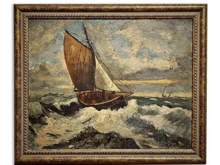 Antique French Seascape Oil Painting, Signed Marine Artwork, Fishing Boat in Storm, Framed Nautical Wall Decor, Original European Fine Art