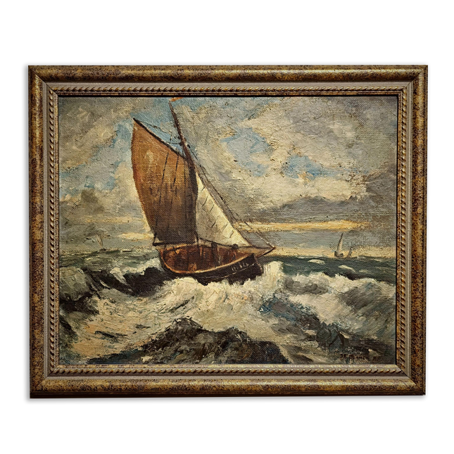 Antique French Seascape Oil Painting, Signed Marine Artwork, Fishing Boat in Storm, Framed Nautical Wall Decor, Original European Fine Art