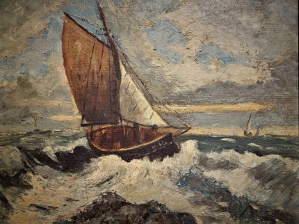Antique French Seascape Oil Painting, Signed Marine Artwork, Fishing Boat in Storm, Framed Nautical Wall Decor, Original European Fine Art